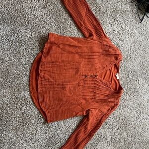 Women’s Long-Sleeve Textured Henley Blouse - Rust